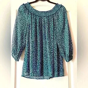 LC Lauren Conrad cool Blue & White Lined Floral Blouse Women’s Small